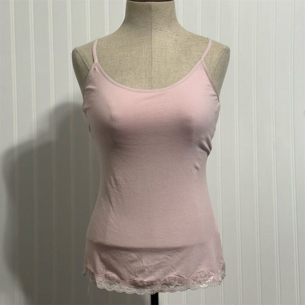 Vintage ENERGIE Cami L Y2K Coquette Fairy Lace Trim Pastel Pink Cotton Stretch